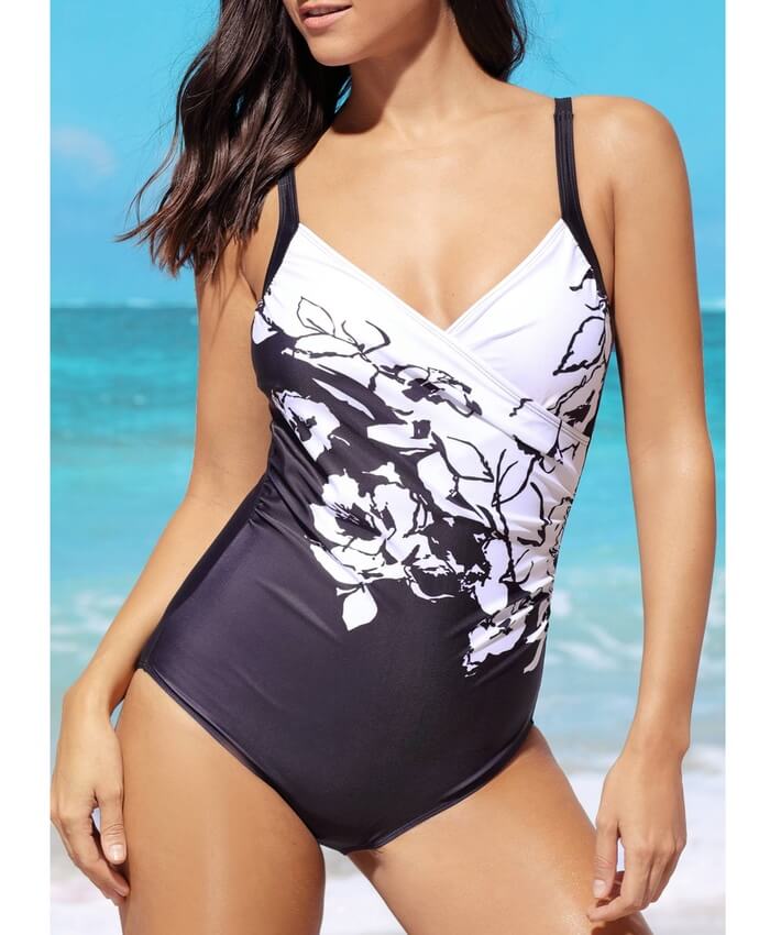 Flower Print Spaghetti Strap Black One Piece Swimwear